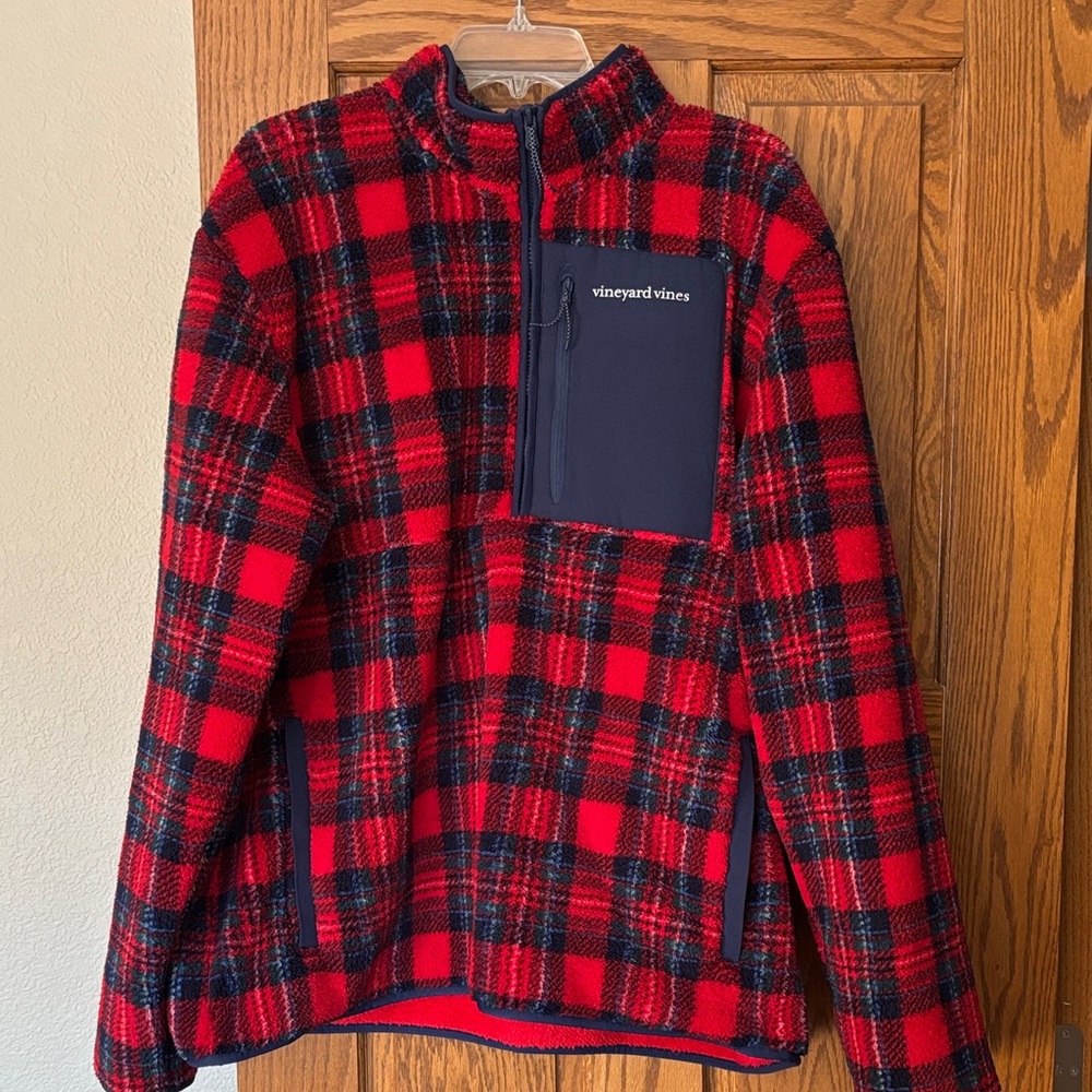 Vineyard Vines Red and Navy Plaid Fleece Pullover